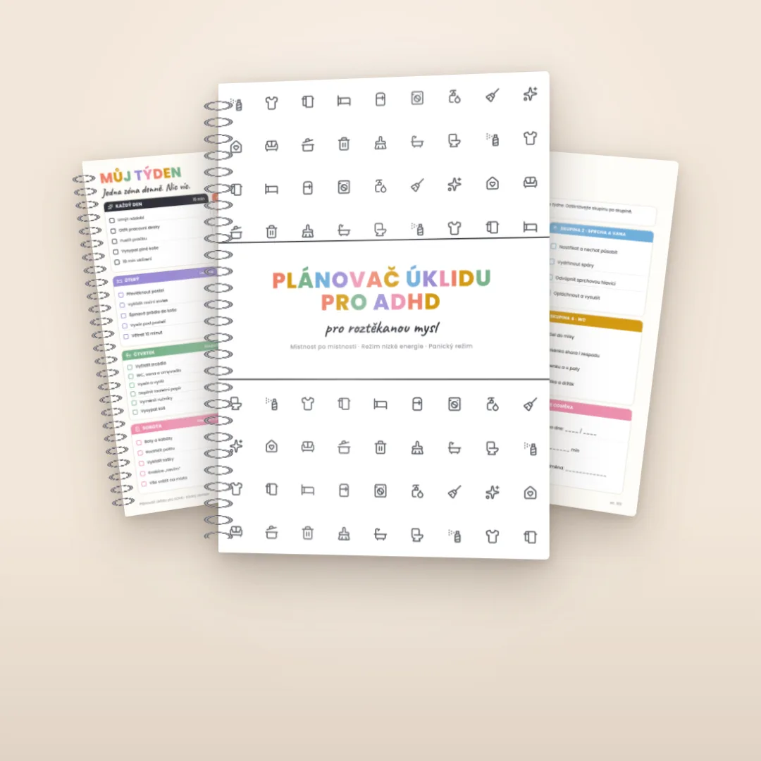 Plánovač úklidu pro ADHD: obálka a stránky „Můj týden“ a „Koupelna“